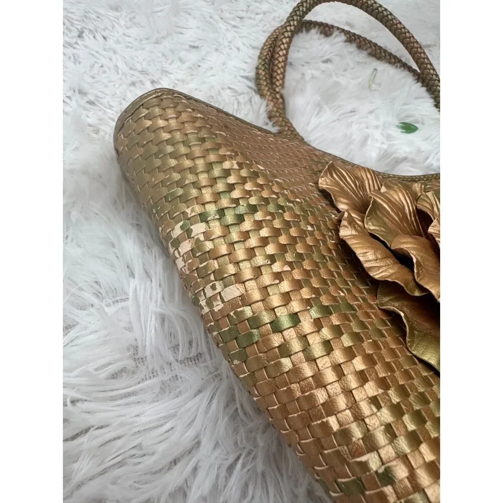 Cabouchon Woven Metallic Gold Leather Tote with Oversized Flower Applique